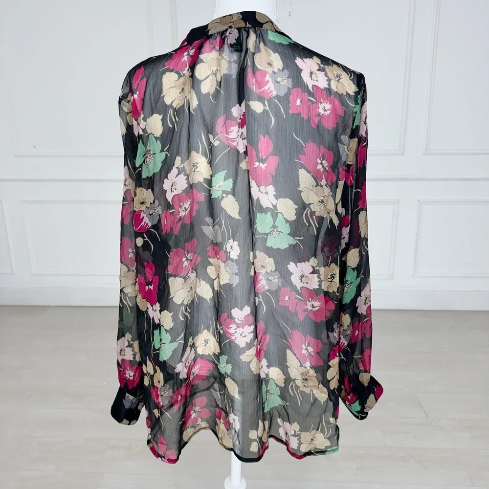 Lauren Ralph Lauren Blouse Womens 2X Black Floral Sheer Tie Neck Long Sleeve Top